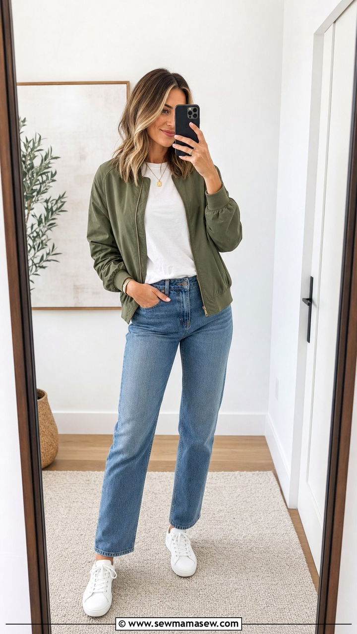 Green Bomber Jacket With Straight Leg Jeans And White Sneakers - 25 Summer outfits with bomber jackets