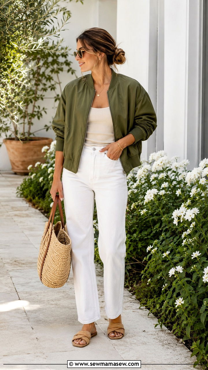 Green Bomber Jacket With White Jeans - 30 spring bomber jacket outfit ideas