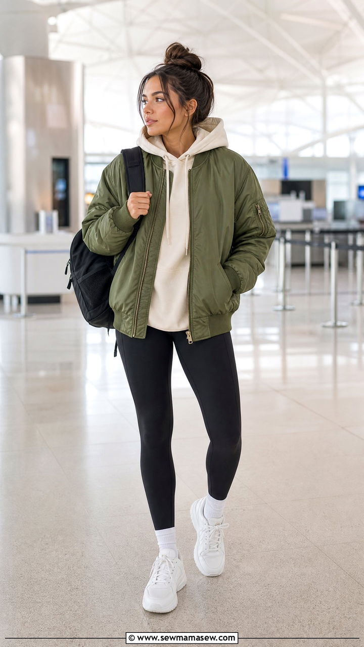 Green Bomber Jacket with a Cream Hoodie and Leggings - 25 Green and cream outfit ideas