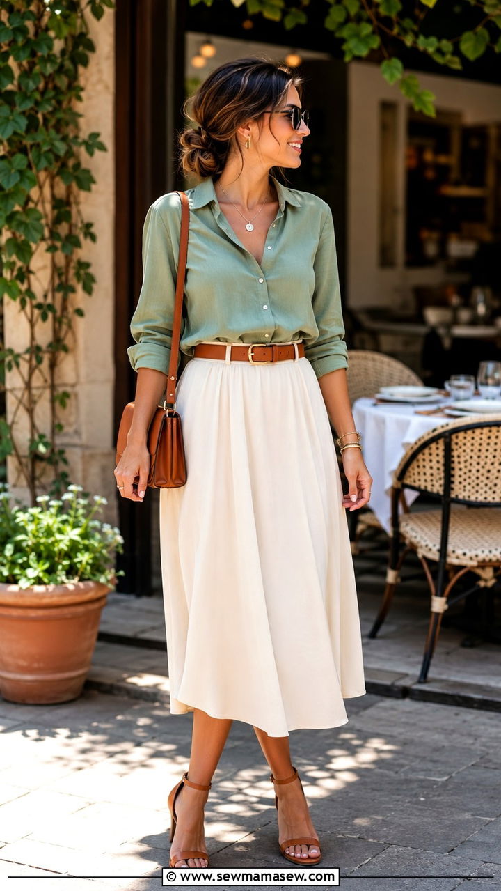 Green Button Down With Cream Midi Skirt - 30 Midi skirt outfit ideas with a button down