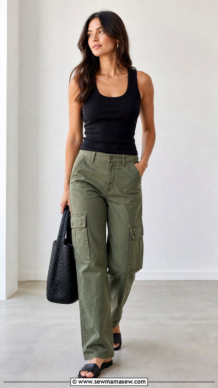 Green Cargo Jeans With Black Tank And Slide Sandals - 40 spring jeans outfit ideas
