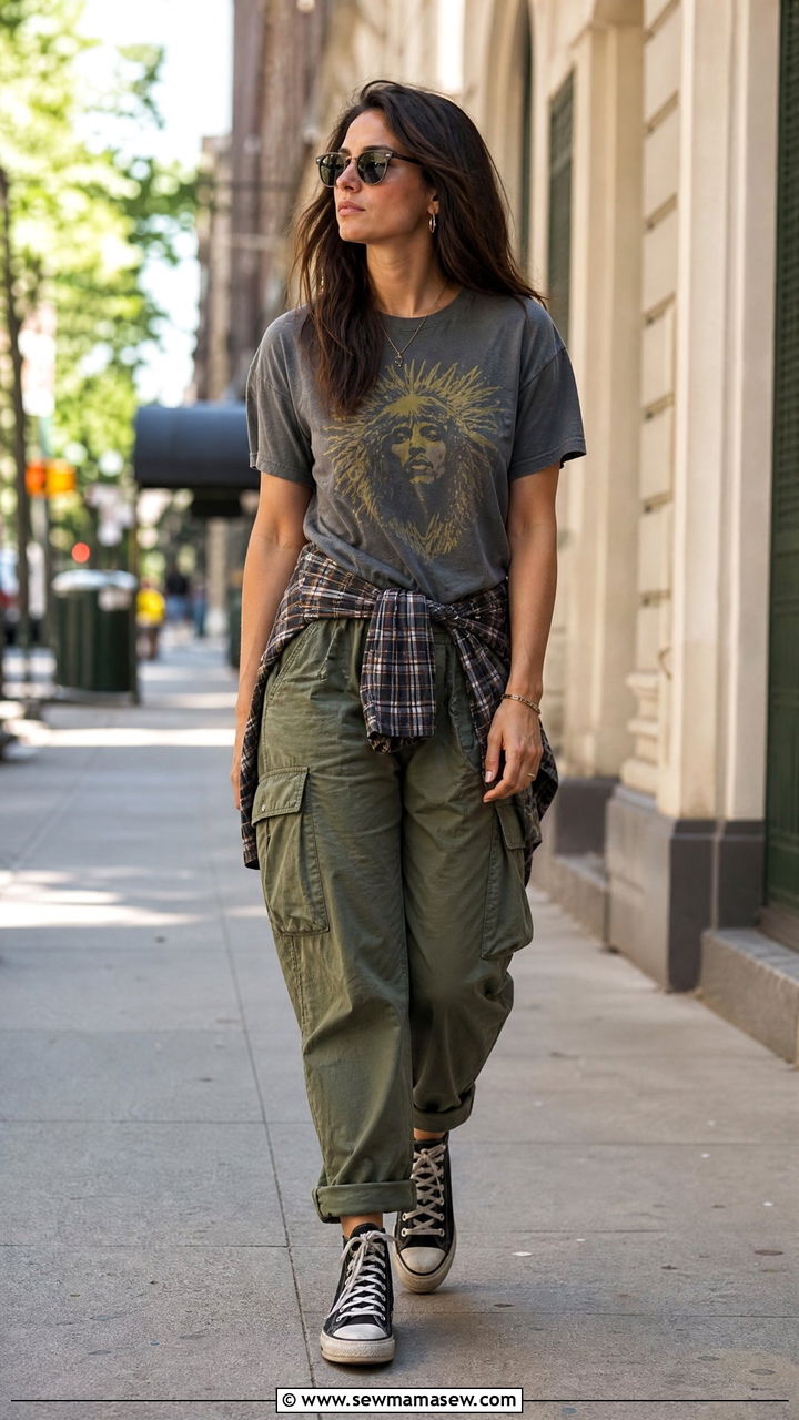 Green Cargo Pants With A Gray Graphic Tee And High Top Sneakers - 25 cargo pants outfits inspo