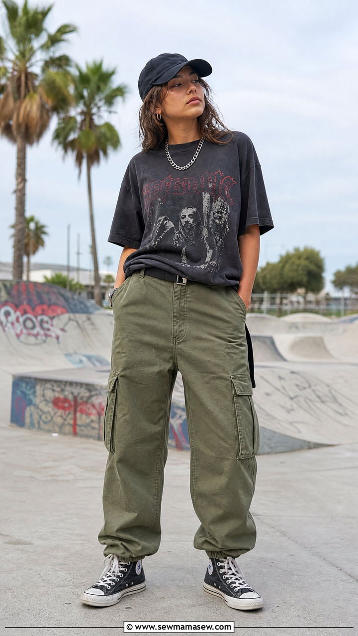 Green Cargo Pants With Graphic Tee and High Tops - 25 cargo pants outfits aesthetic