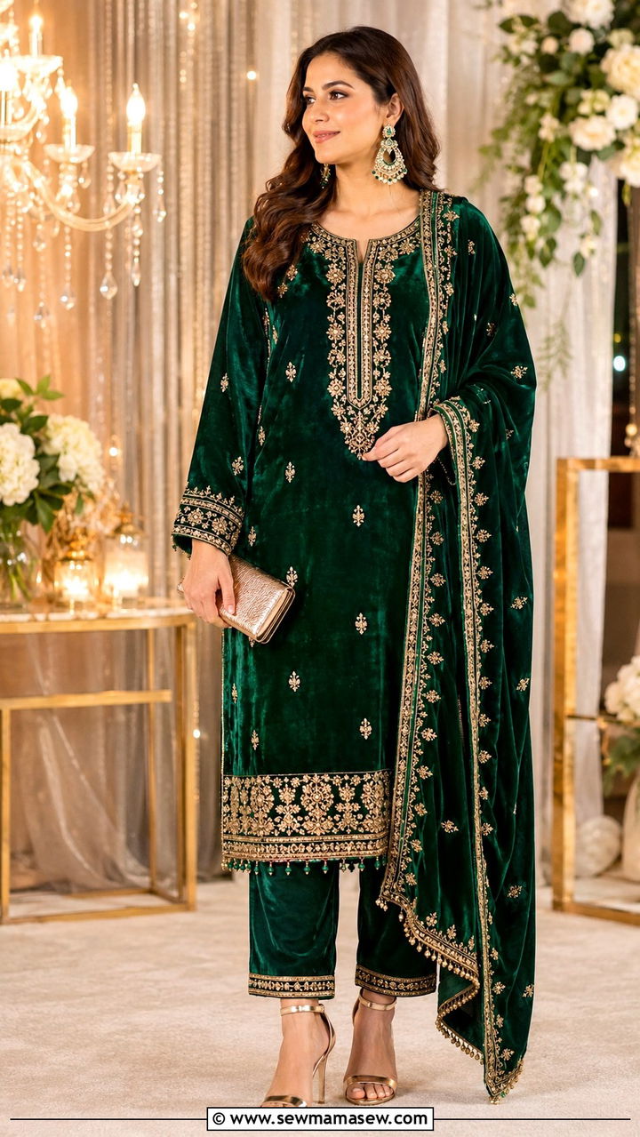 Green Embroidered Velvet Suit Set - 25 Velvet matching set outfit ideas