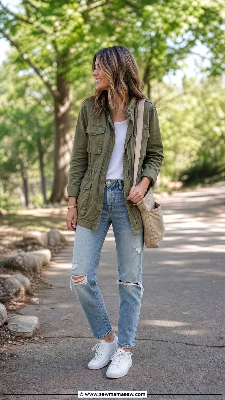 Green Field Jacket With White T Shirt And Distressed Jeans - 35 jacket outfits