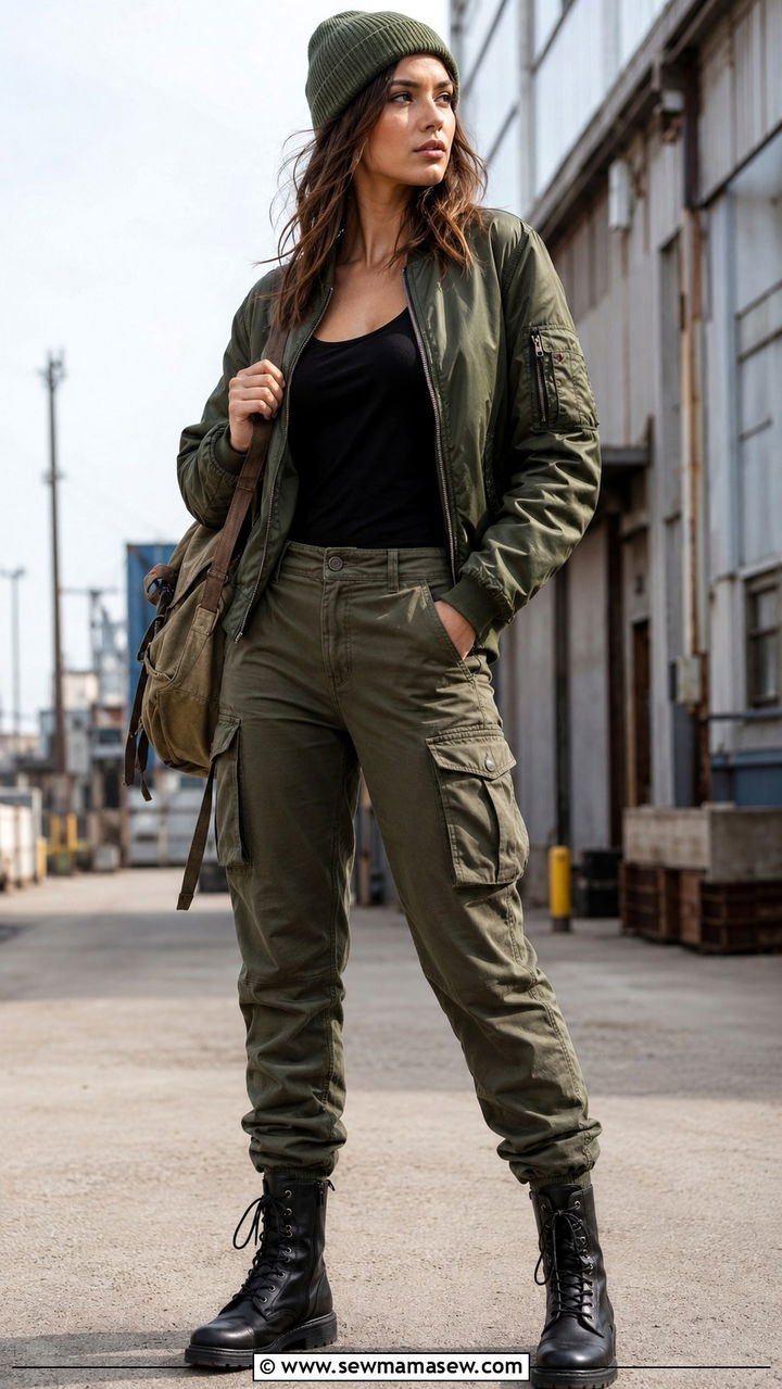 Green Flight Jacket With Cargo Pants and Combat Boots - 25 Pilot outfit ideas