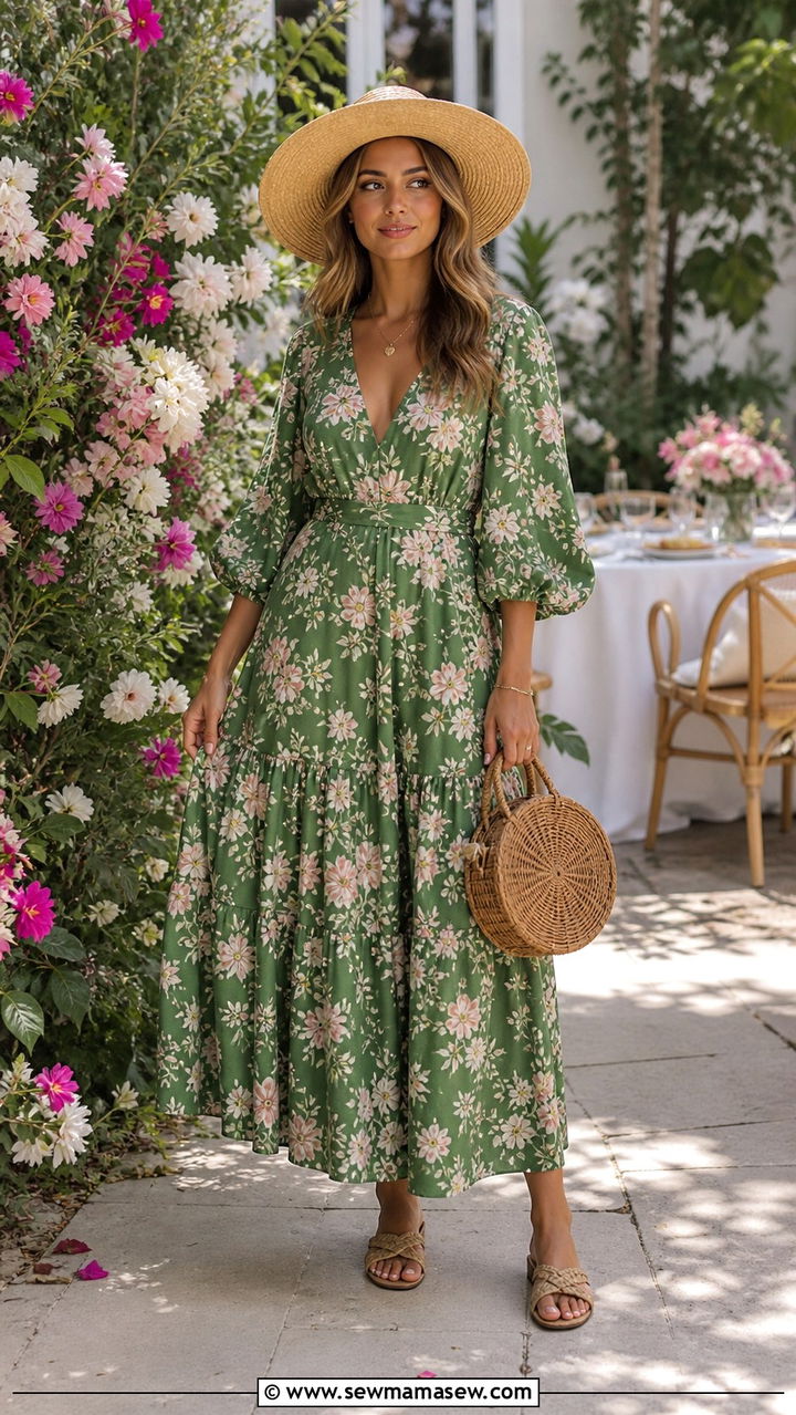 Green Floral Maxi Dress with Woven Sandals - 40 Green outfit ideas