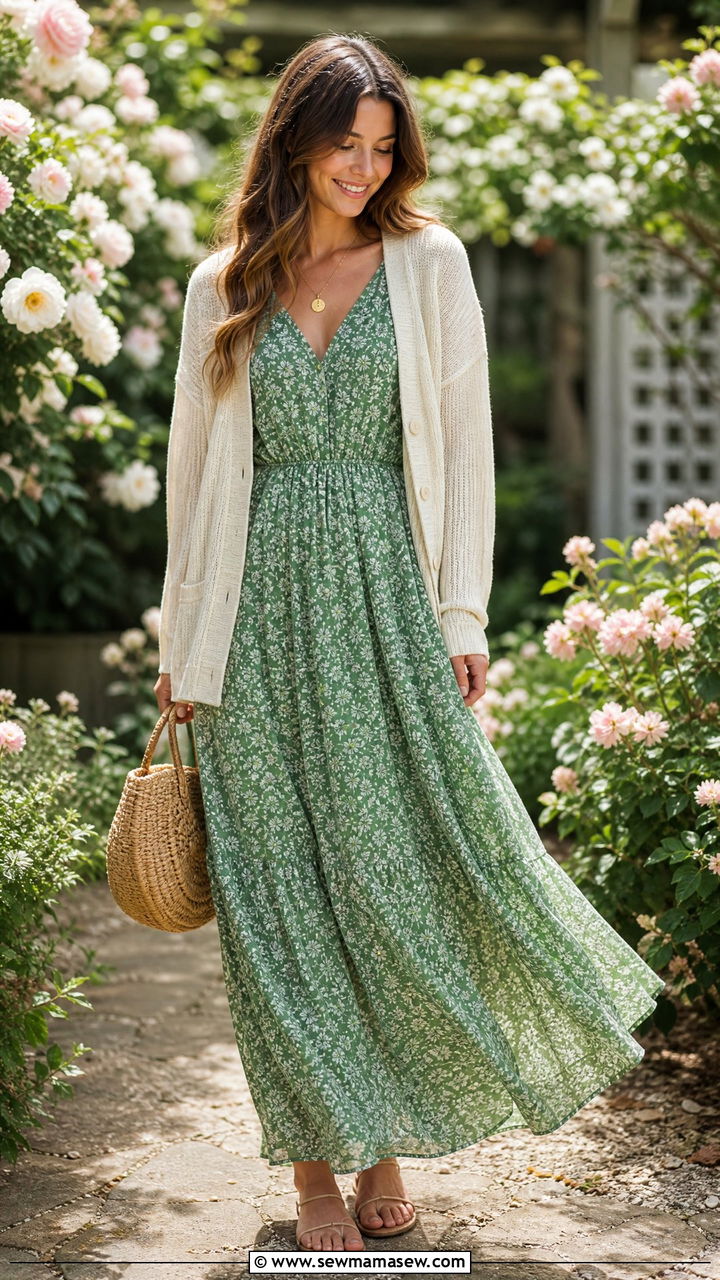Green Floral Maxi Dress with a Cream Cardigan - 25 Green and cream outfit ideas