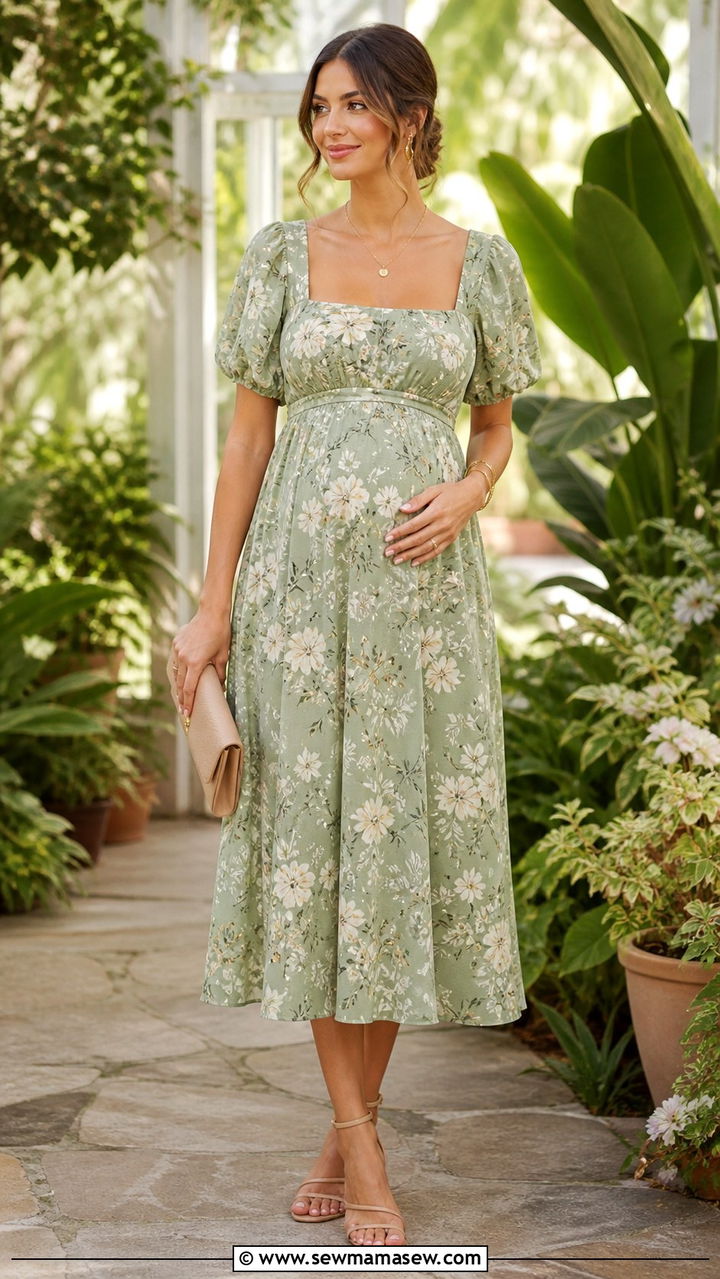 Green Floral Print Square Neck Midi Dress - 40 Spring baby shower outfits