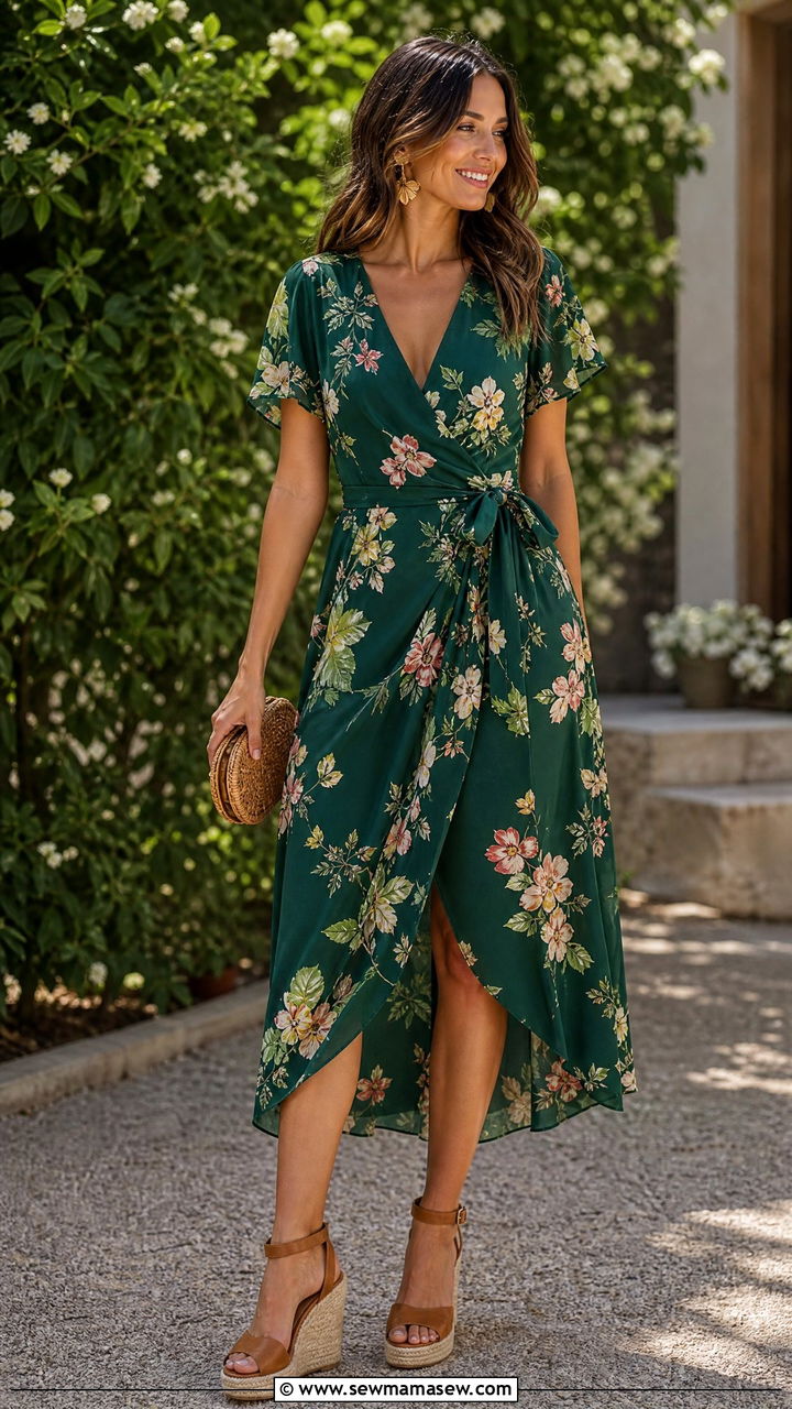 Green Floral Print Wrap Dress Wedding Guest Outfit - 30 Emerald wedding guest dress outfit ideas