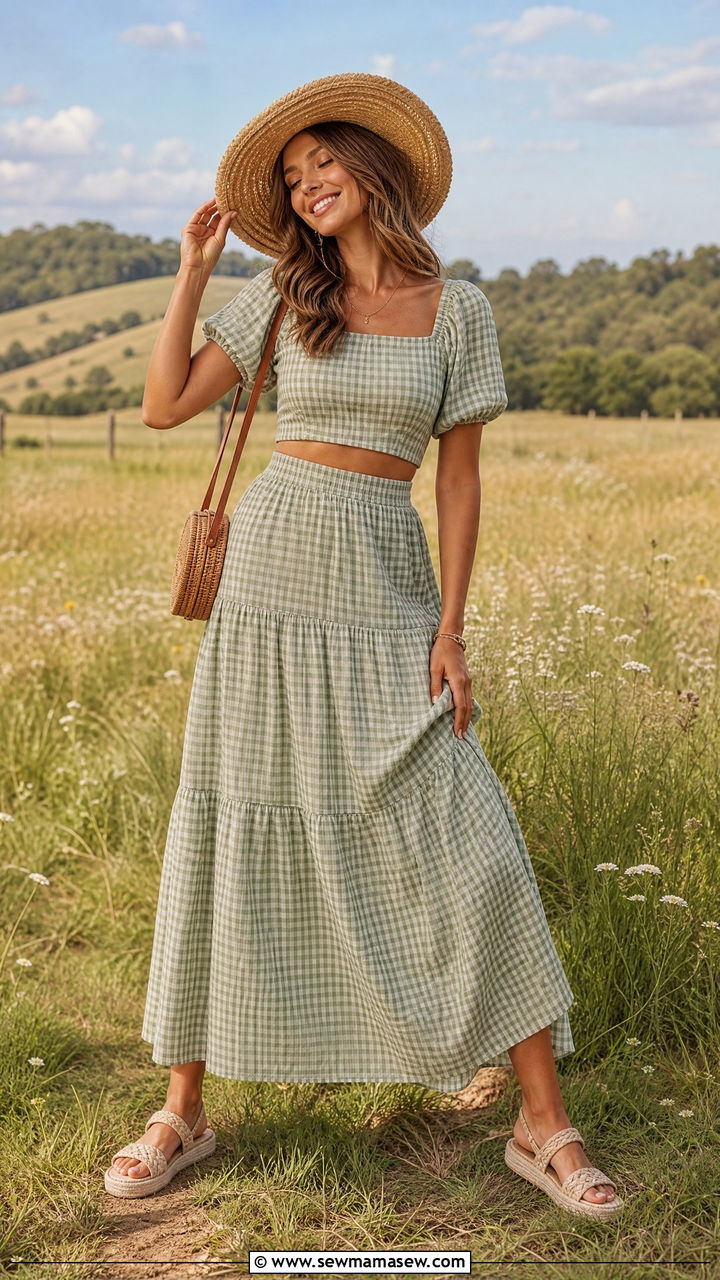 Green Gingham Crop Top And Maxi Skirt Set - 40 matching set outfit ideas for women