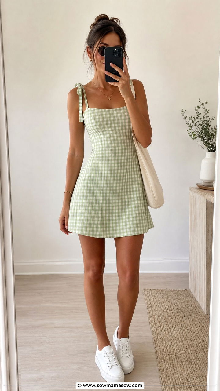 Green Gingham Dress With White Platform Sneakers - 30 Gingham dress outfit ideas