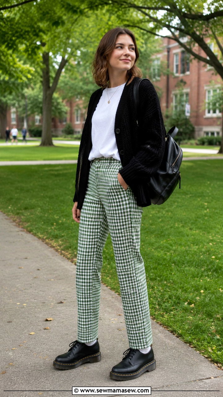 Green Gingham Pants with Doc Martens and Black Cardigan - 25 Researcher outfit ideas