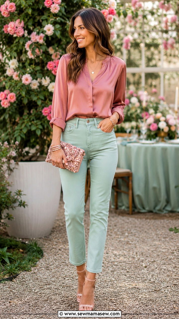 Green Jeans And Pink Blouse Outfit - 30 Green jeans outfit ideas