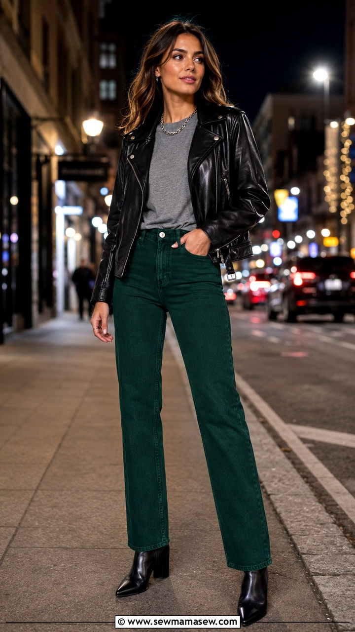 Green Jeans With Leather Jacket Outfit - 30 Green jeans outfit ideas