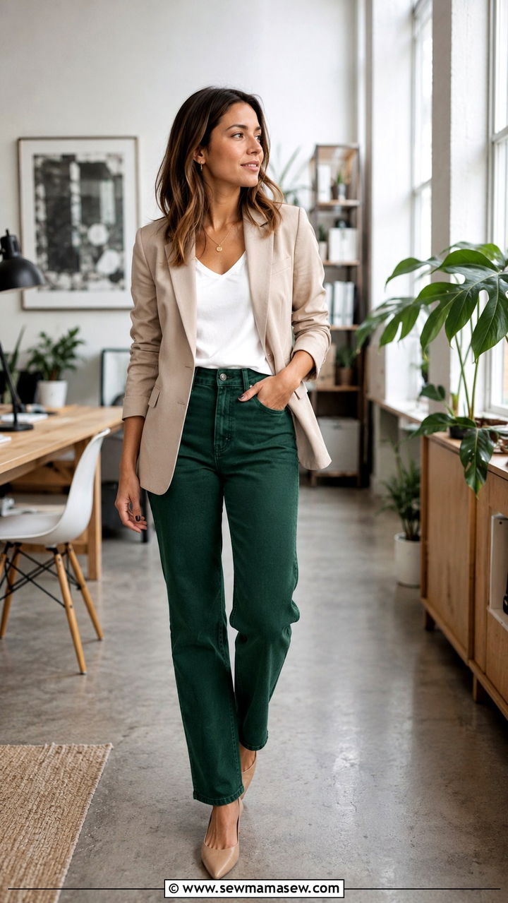 Green Jeans and Neutral Blazer Outfit - 30 Office outfits with jeans