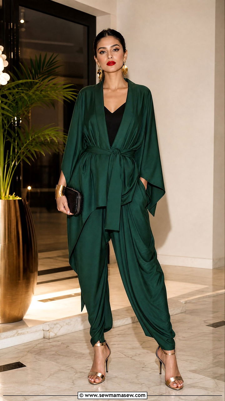 Green Kimono Co Ord with Draped Pants - 25 Kimono matching set outfit ideas