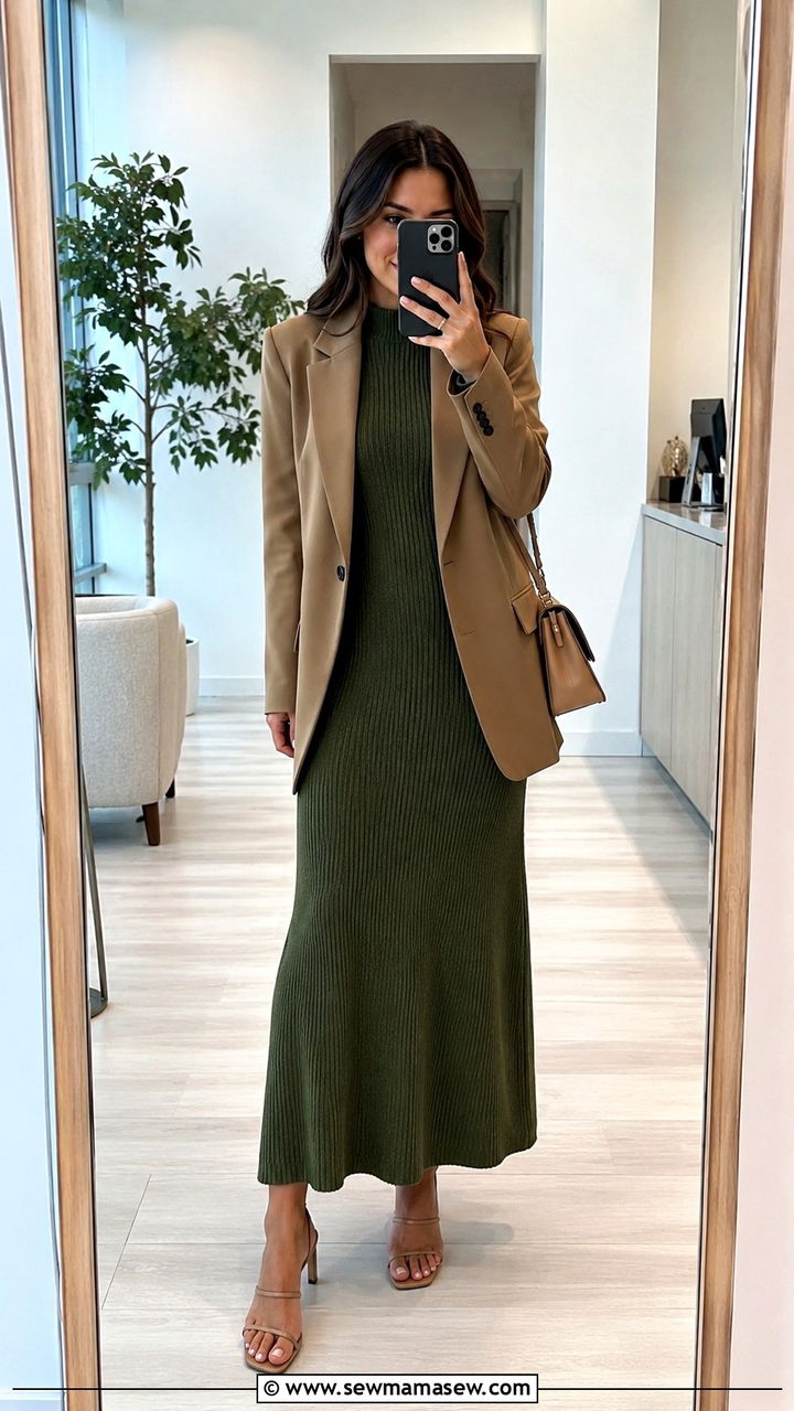 Green Knit Maxi Dress with Camel Blazer and Tan Heeled Sandals - 30 Green outfit ideas for work
