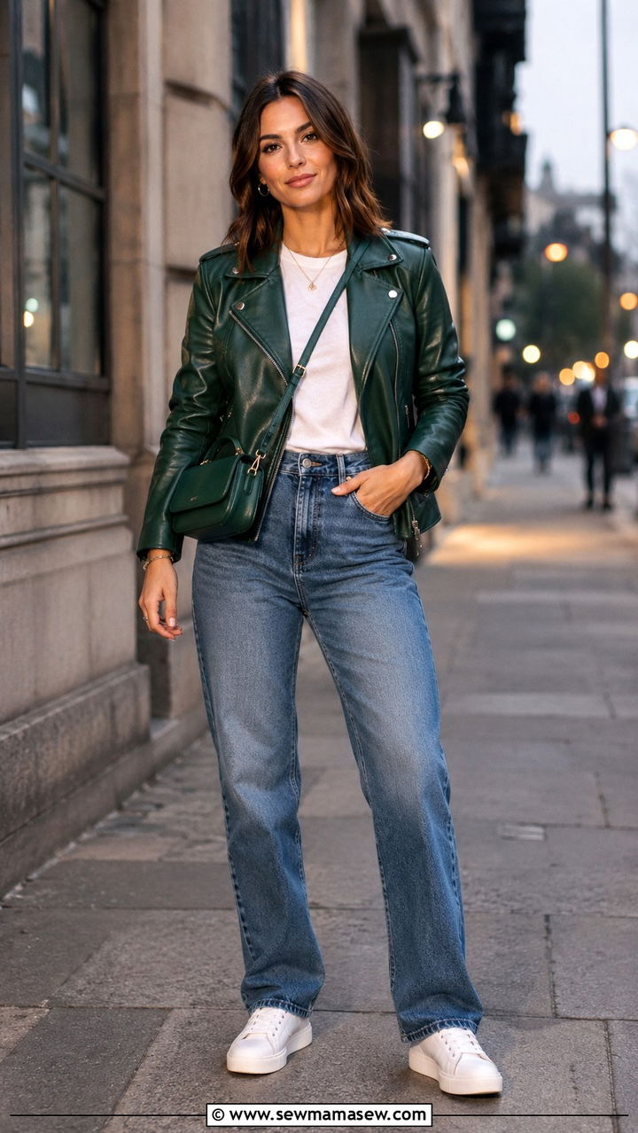 Green Leather Jacket with Jeans and Matching Bag - 30 Late March outfit ideas