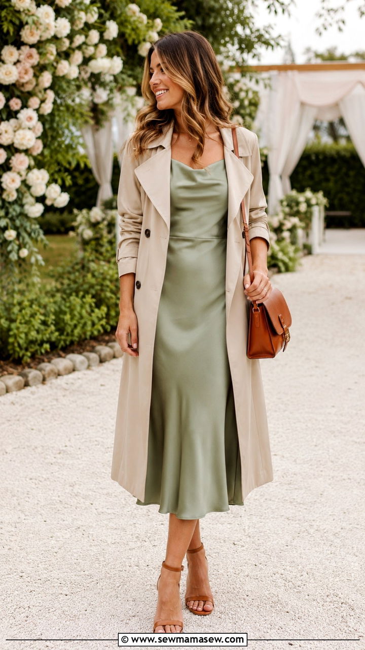 Green Midi Dress With Beige Trench Coat Outfit - 25 Midi dress with trench coat outfit ideas