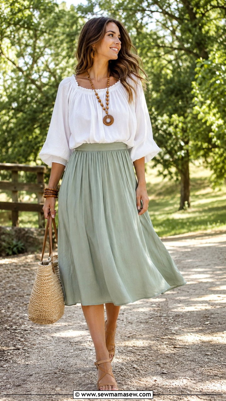 Green Midi Skirt with White Blouse and Woven Bag - 30 How to style a midi skirt in summer