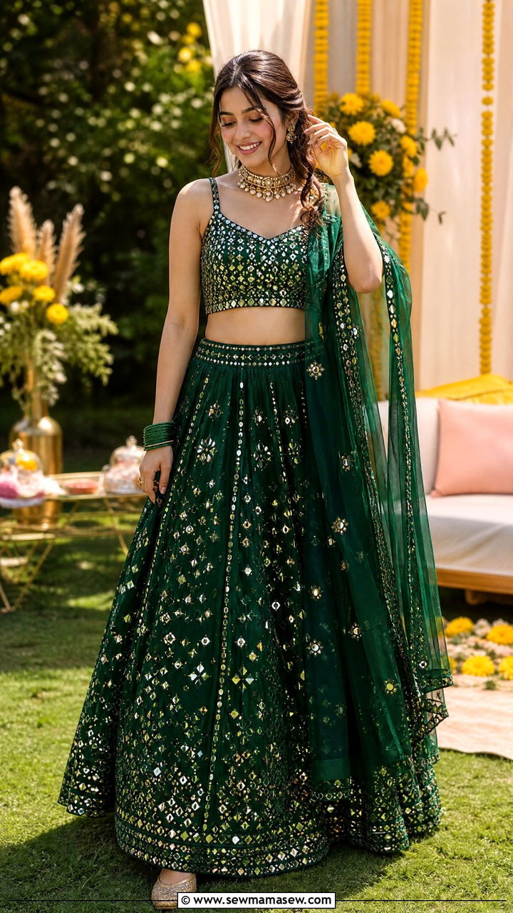 Green Mirror Work Lehenga With Crop Top - 30 Mehndi outfit ideas