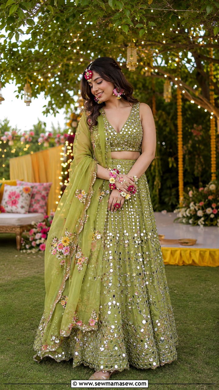 Green Mirror Work Lehenga with Floral Jewelry - 25 Wedding guest outfit ideas Mehndi ceremony