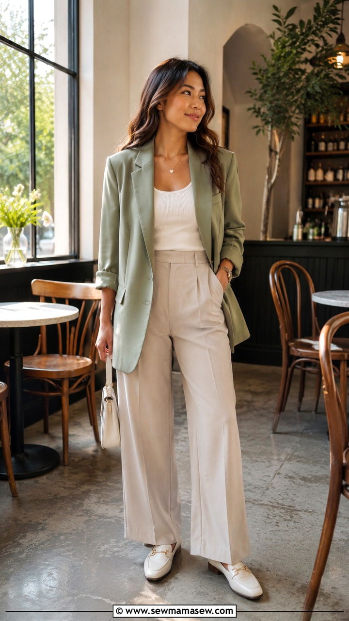 Green Oversized Blazer With Cream Tank And Beige Wide Leg Trousers - 30 Oversized blazer outfit ideas with loafers