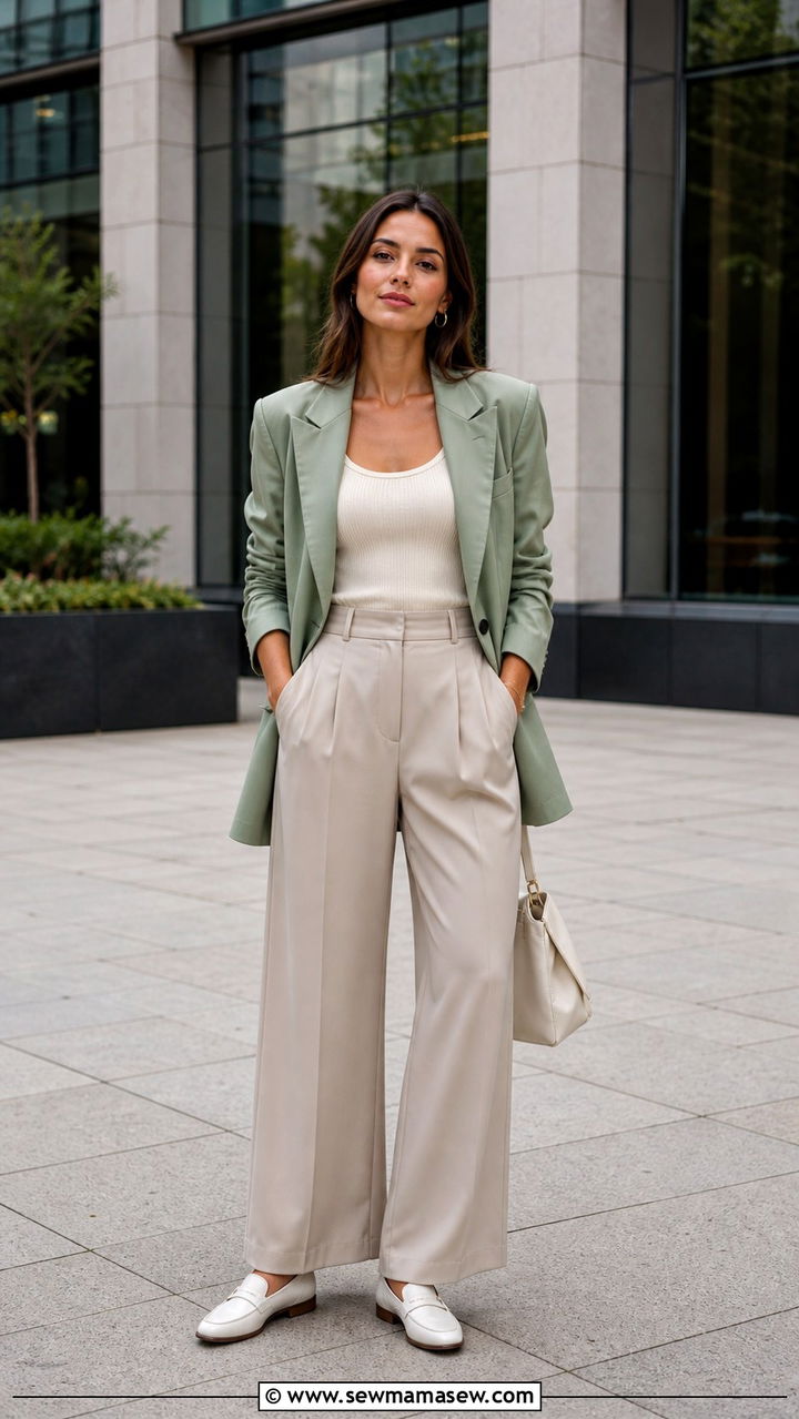 Green Oversized Blazer With Cream Tank And Beige Wide Leg Trousers - 40 casual blazer outfits
