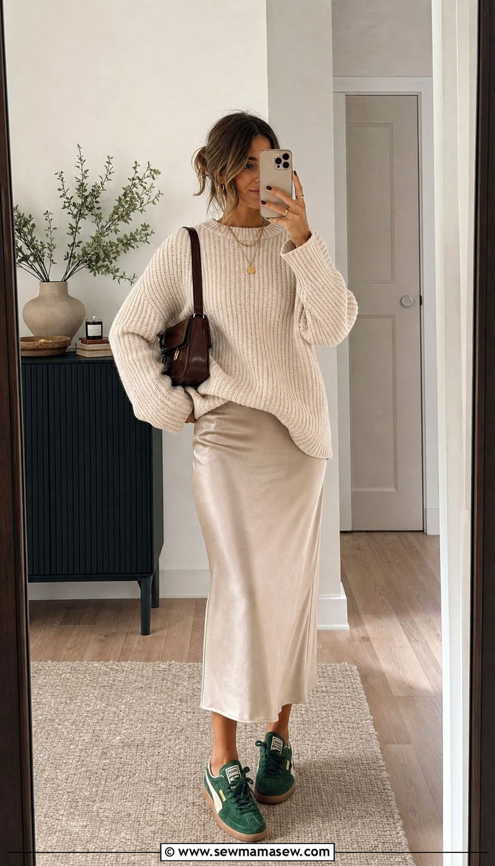 Green Palermo with satin slip skirt and cashmere sweater - 25 Sporty chic outfit ideas with Puma Palermo