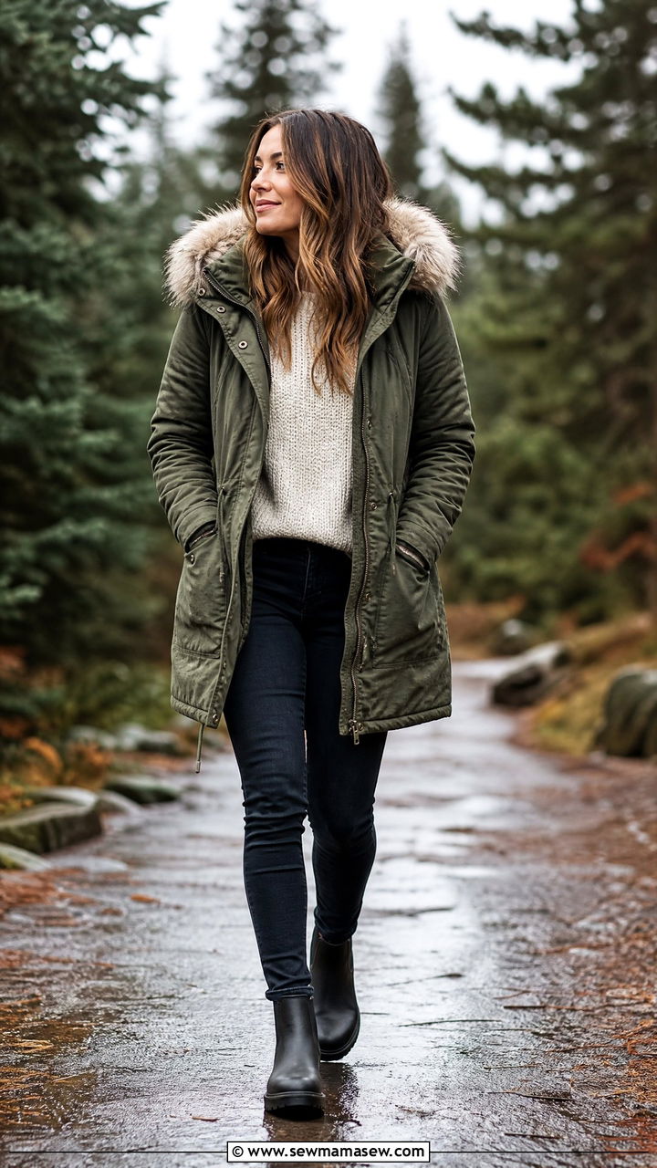 Green Parka With Dark Skinny Jeans and Ankle Boots - 30 rainy day outfits casual