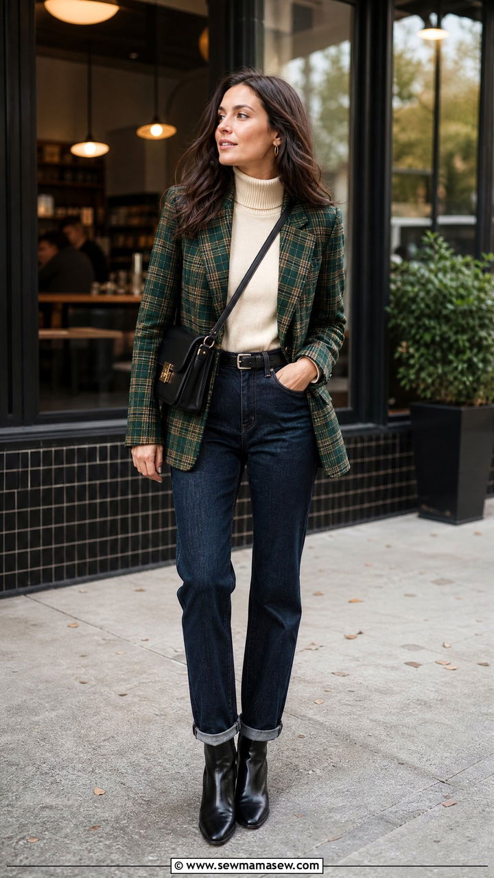 Green Plaid Blazer with a Cream Turtleneck and Jeans - 25 Green and cream outfit ideas