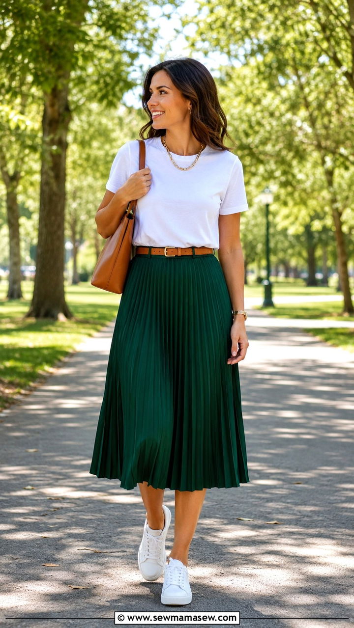 Green Pleated Midi Skirt With White Tee And Sneakers - 30 Spring outfits with skirts