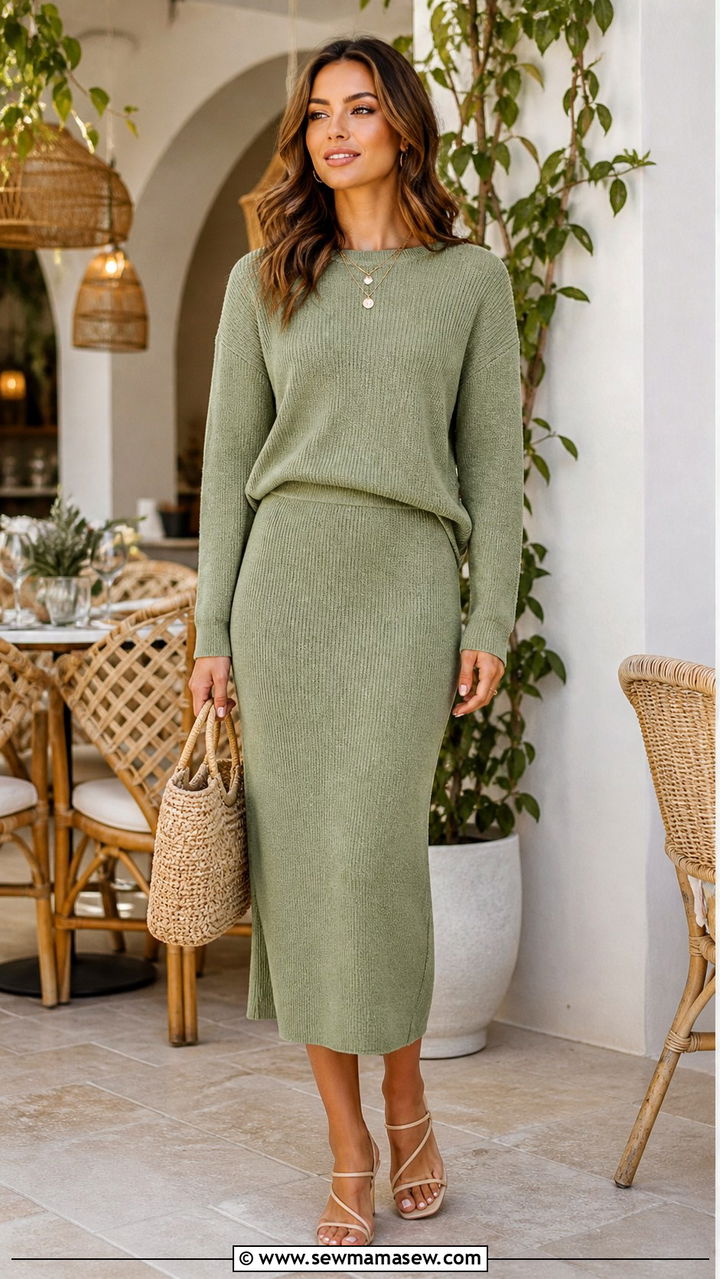 Green Pleated Skirt with Fitted Knit Top - 40 Green outfit ideas