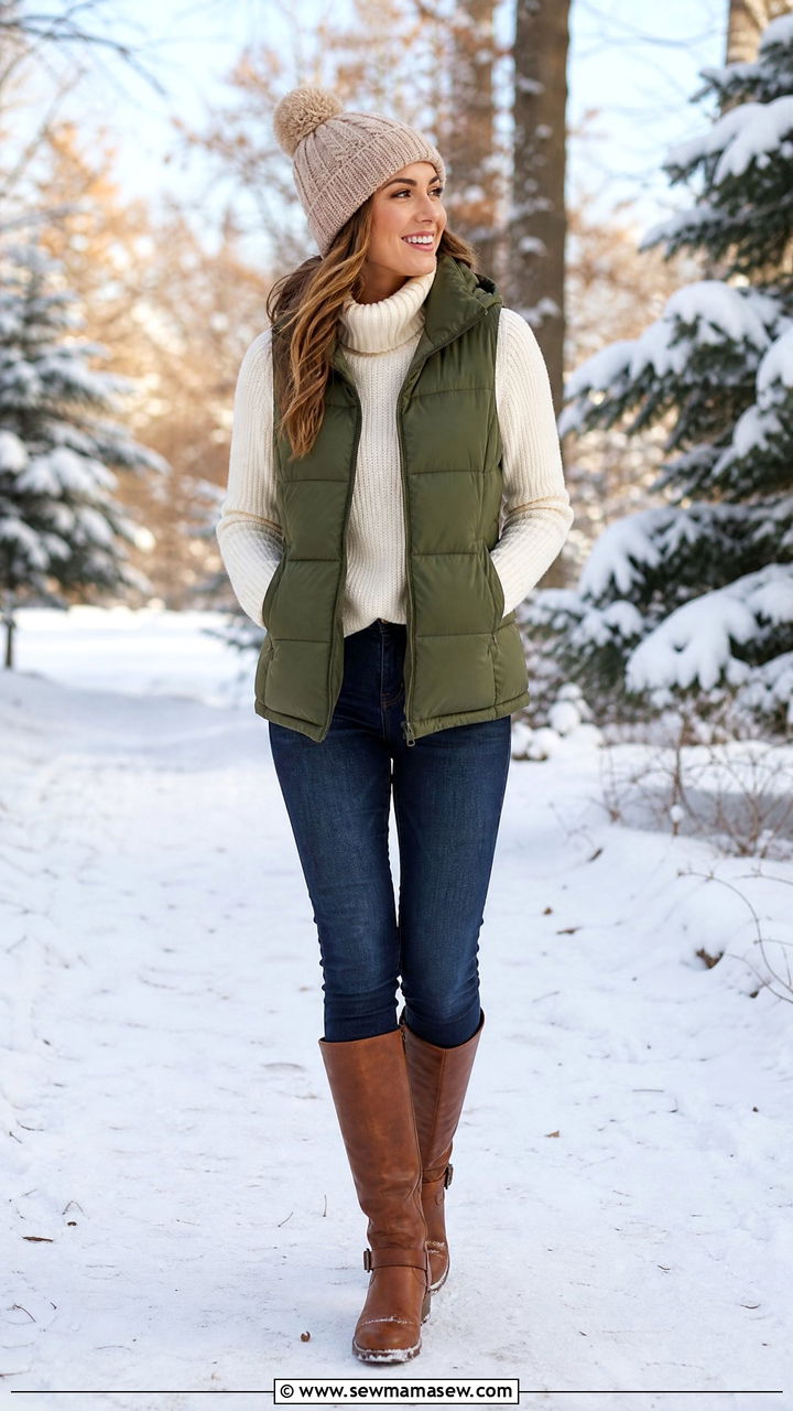 Green Puffer Vest over a Cream Turtleneck and Brown Boots - 25 Green and cream outfit ideas