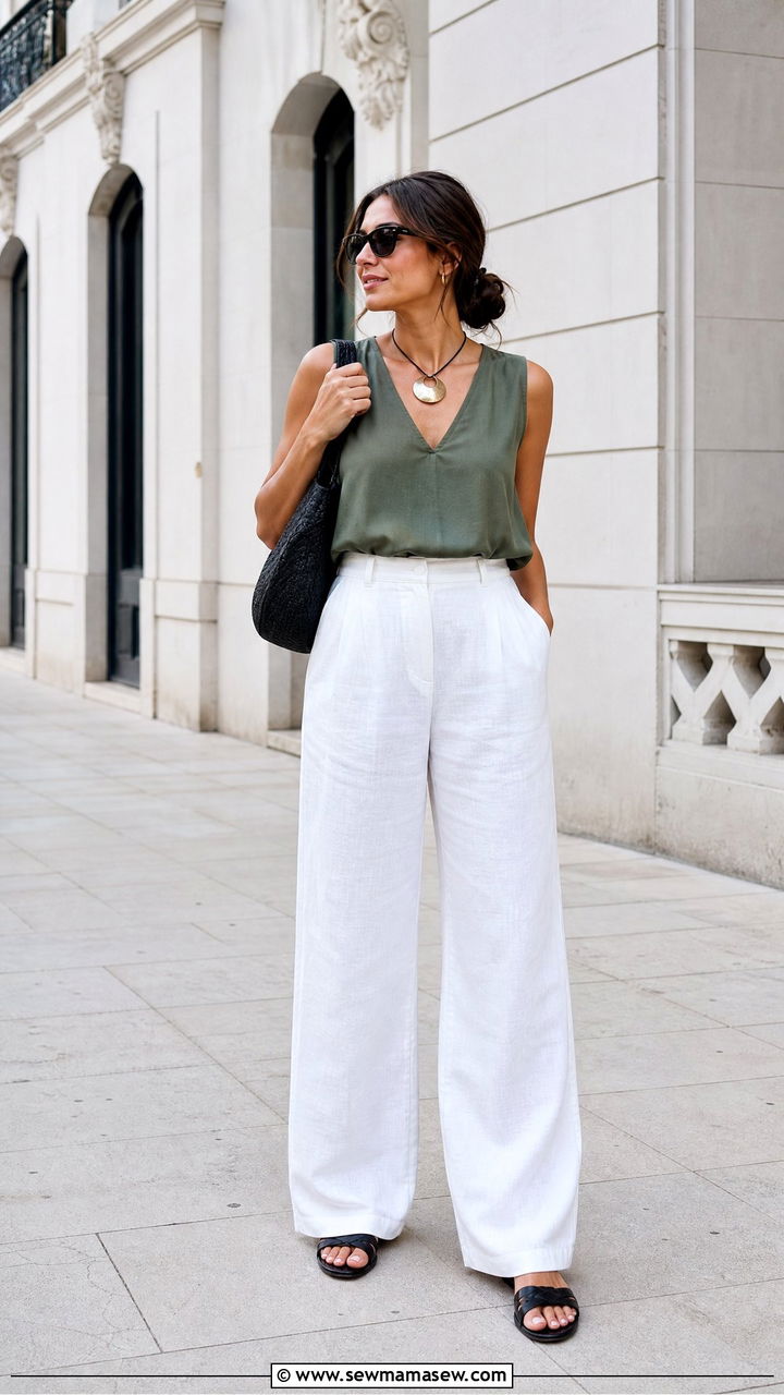Green Sleeveless Top with White Wide Leg Trousers - 30 summer europe travel outfit ideas