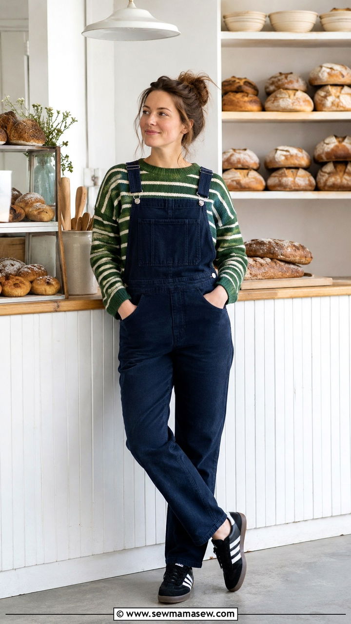 Green Striped Sweater and Navy Dungarees Outfit - 20 Baker outfit ideas