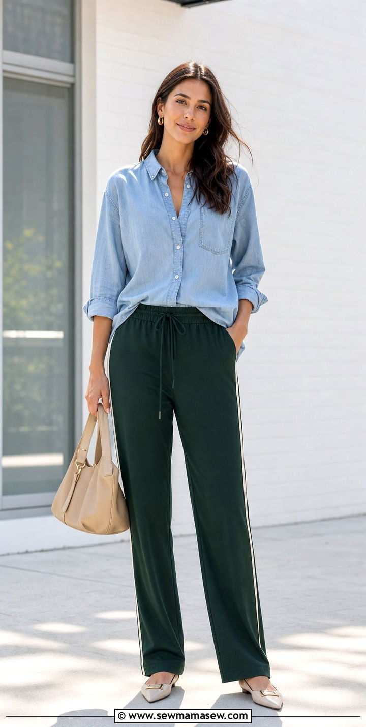 Green Track Pants With Button Down Shirt And Flats - 25 spring track pants outfit ideas