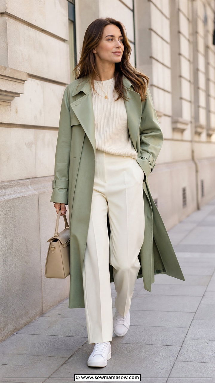 Green Trench Coat over Cream Layers - 25 Green and cream outfit ideas