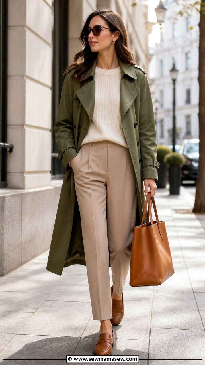 Green Trench Coat with Neutral Layers - 40 Green outfit ideas