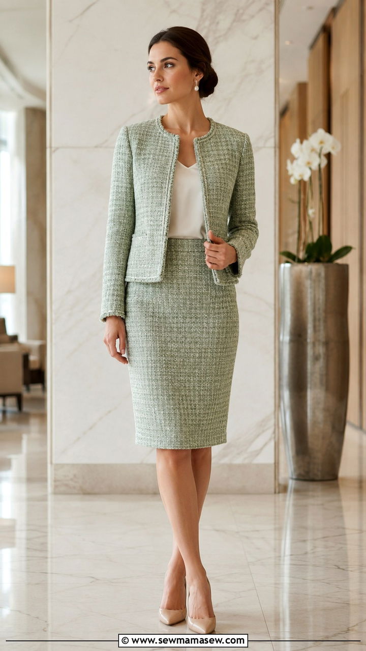 Green Tweed Skirt Suit with Pearl Earrings and Nude Pumps - 30 Green outfit ideas for work