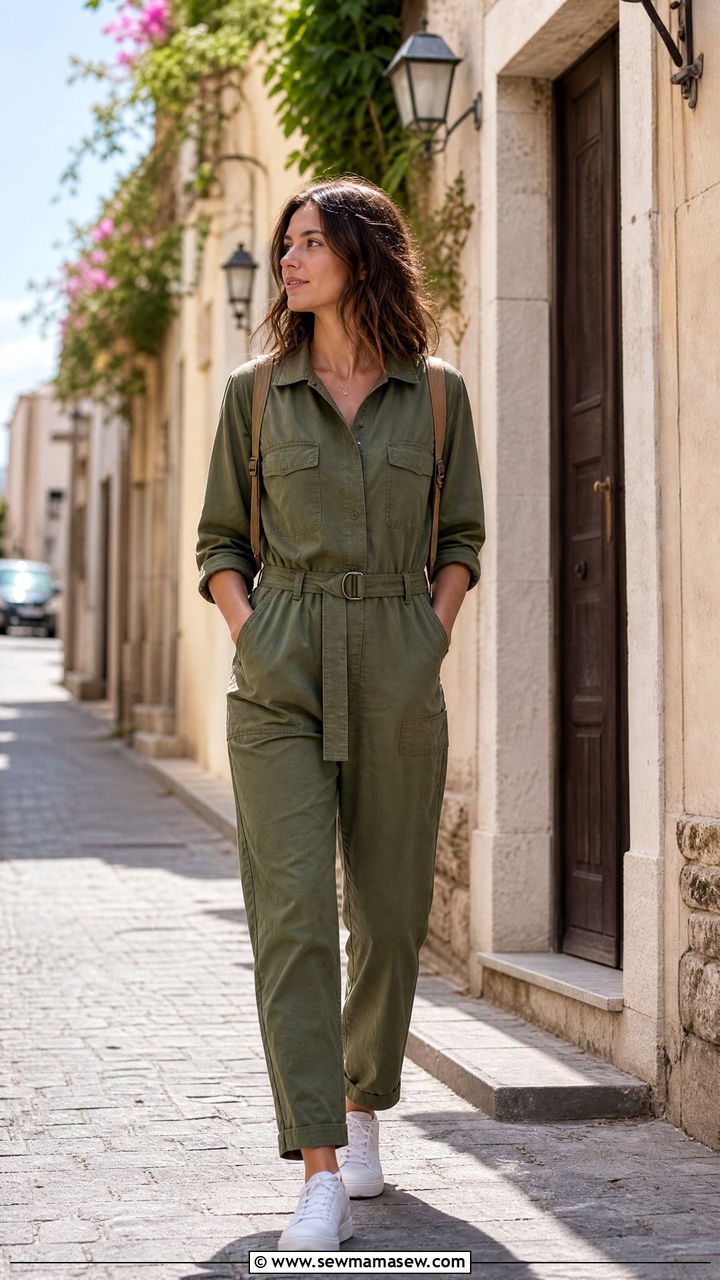 Green Utility Jumpsuit With A Canvas Belt And White Sneakers - 40 Spring outfit ideas