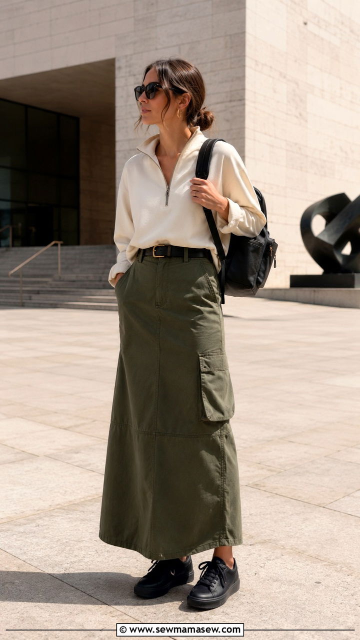 Green Utility Skirt With HalfZip Pullover and AllBlack Sneakers - 30 Spring outfits with sneakers