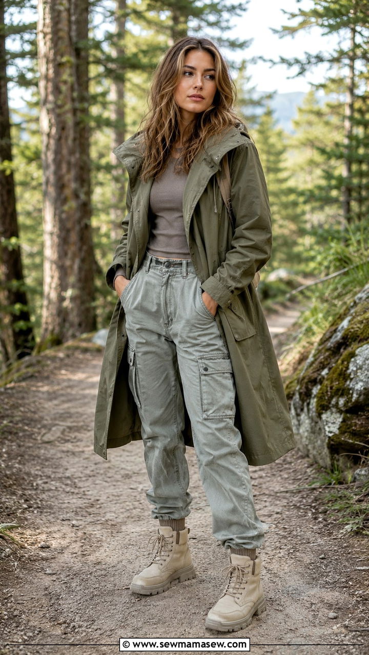 Green Utility Trench With Cargo Jeans and Hiking Boots - 30 Long trench coat outfit ideas with jeans