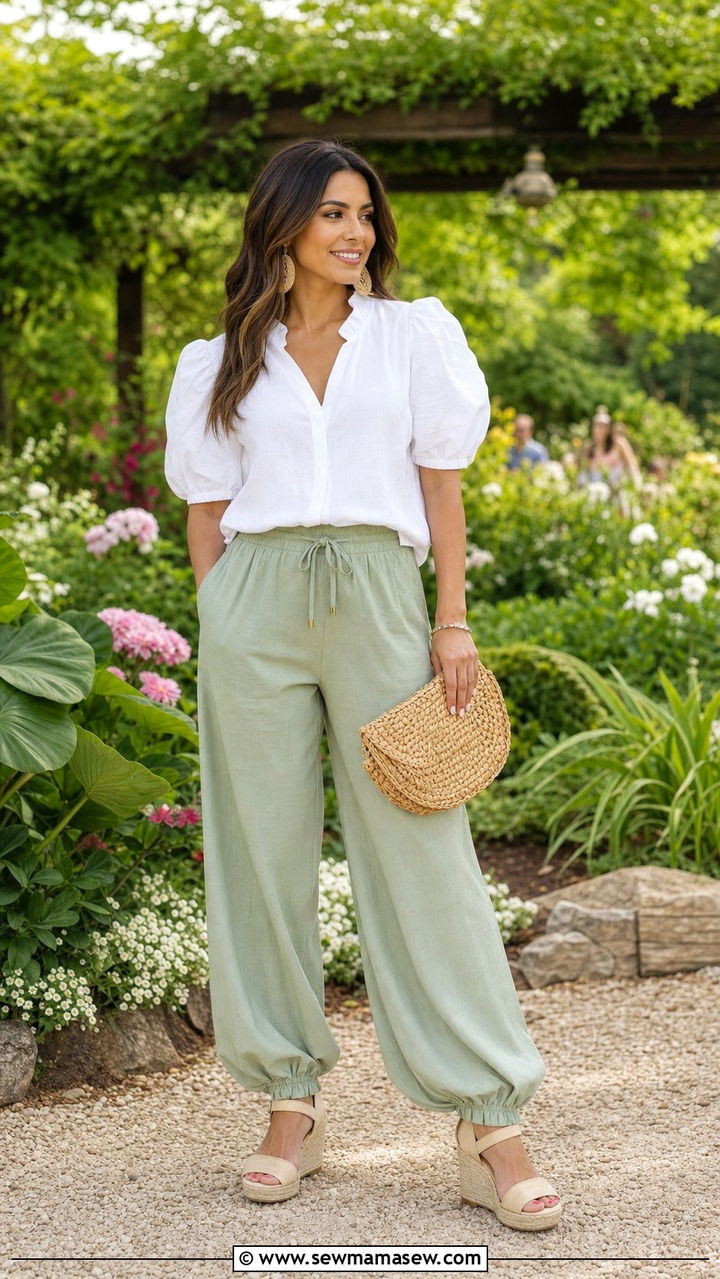 Green balloon pants with puff sleeve top - 35 balloon pants outfits for women