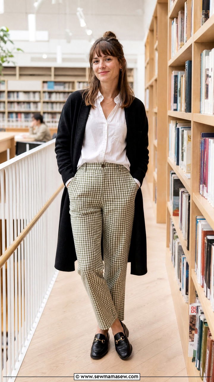 Green gingham pants with a white shirt and black cardigan sweater - 35 Librarian outfit ideas for work