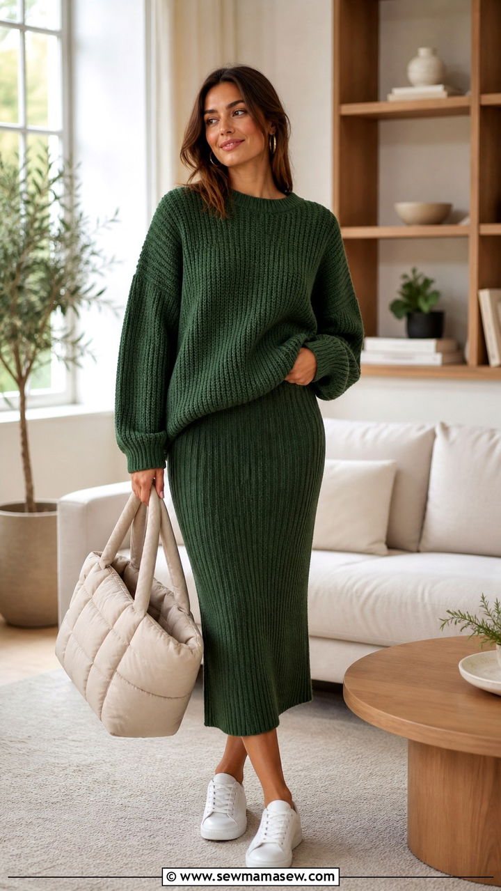 Green knit co ord set and white sneakers outfit - 40 Monochromatic outfit ideas