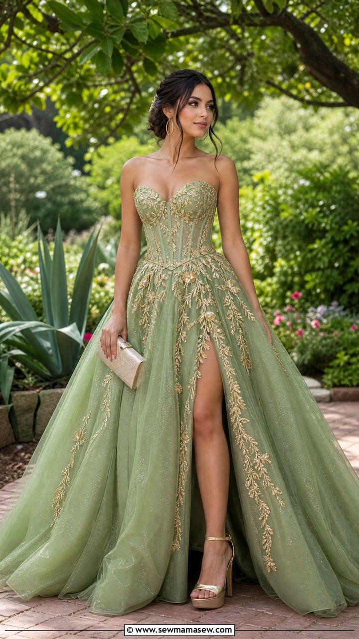 Green quinceanera dress with gold heeled sandals - 25 Quinceanera outfit ideas