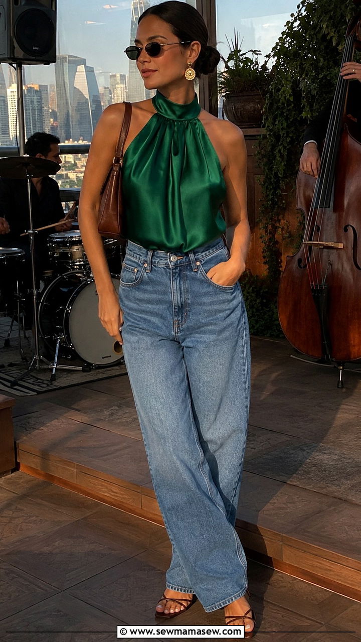 Green satin halter top and baggy jeans jazz club - 30 Jazz concert outfit ideas