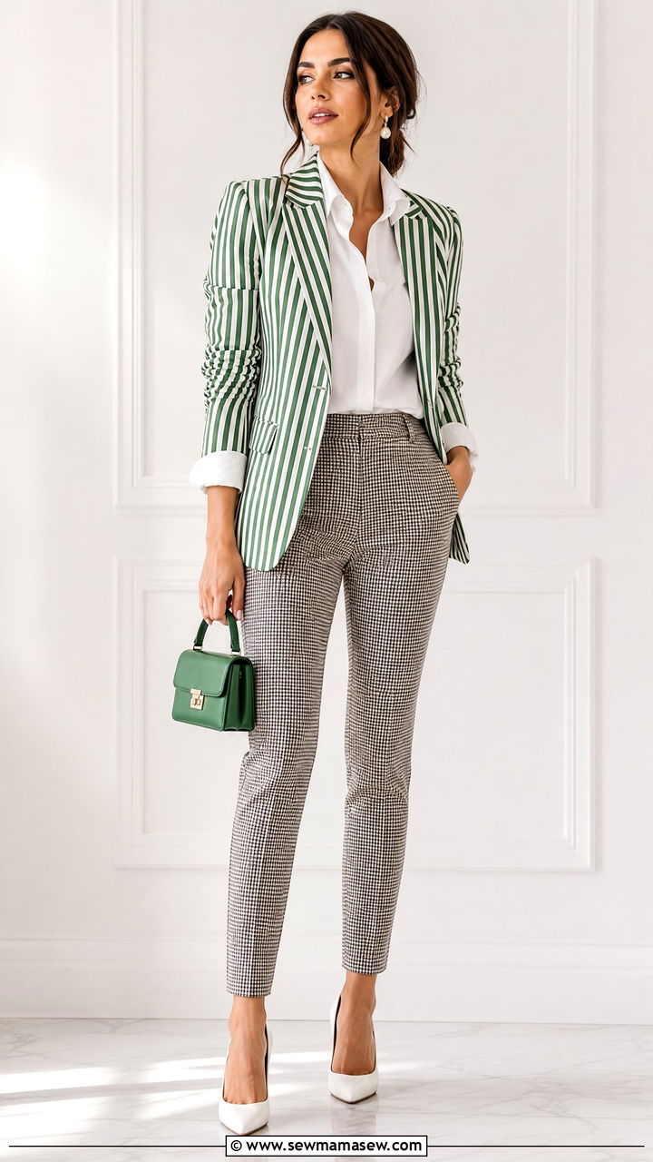Green striped blazer and white shirt outfit - 25 French girl outfit ideas Emily in Paris style